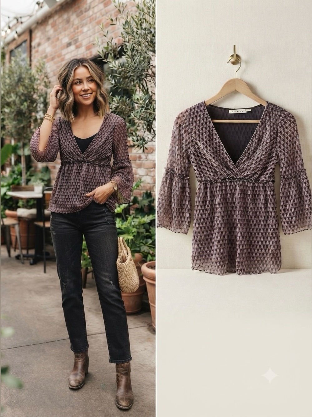 Max Studio Y2K Mesh Sheer Stretch Bell Sleeve Top Boho Elastic Fit Flare Whimsy